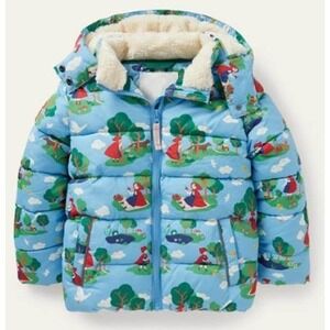 Boden Girls Little Red Riding Hood Puffer Jacket Blue Fairytale Hooded Coat 4-5Y